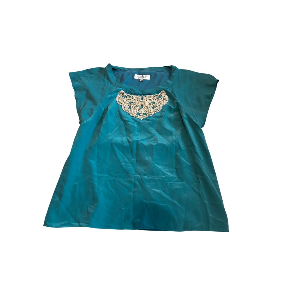 Tibi Silk Blouse 10 Teal Beaded Bib Neckline Flutter Sleeve Boho Luxe Top